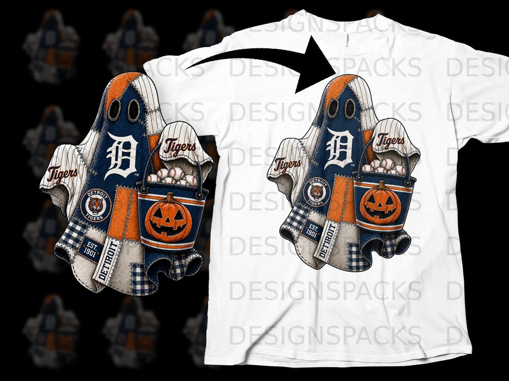 Detroit Tigers Halloween ghost carrying candy bucket with pumpkin and baseballs.