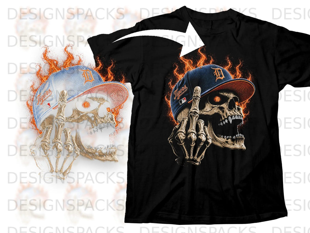 Black t-shirt with a flaming skull wearing a Tigers baseball cap.