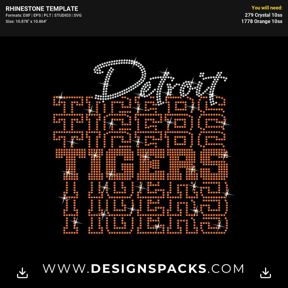 Detroit Tigers Stacked  Crystal Sports For Shirts Rhinestone Digital Template