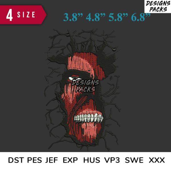 Red horror face embroidery design in 4 sizes, compatible with DST PES JEF formats for instant download