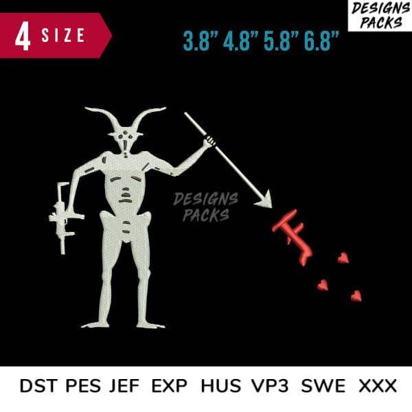 Embroidery design of demonic figure with gun and spear, available in 4 sizes, DST PES JEF formats