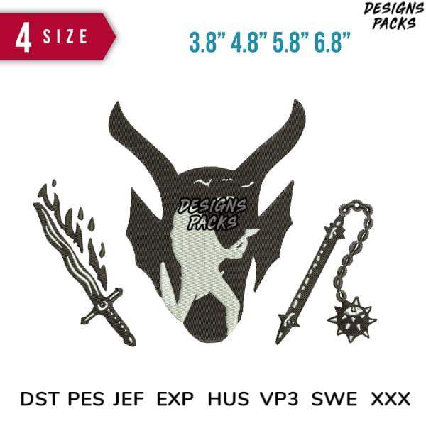 Embroidery design bundle featuring dragon skull, flaming sword, and spiked mace in 4 sizes, DST PES formats