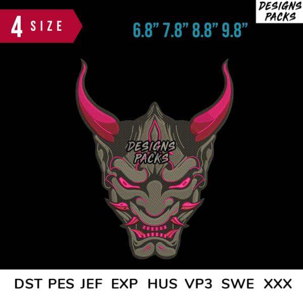 Oni demon mask embroidery design in 4 sizes, pink and gray, for DST PES JEF formats