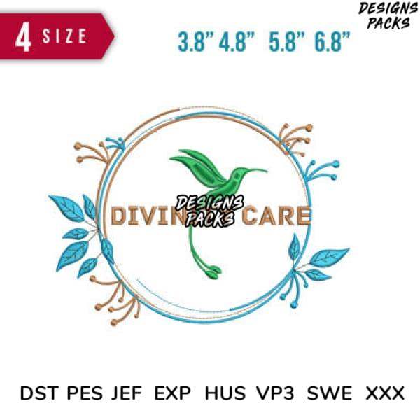 Divine Care hummingbird embroidery design in 4 sizes, DST PES JEF formats for instant download
