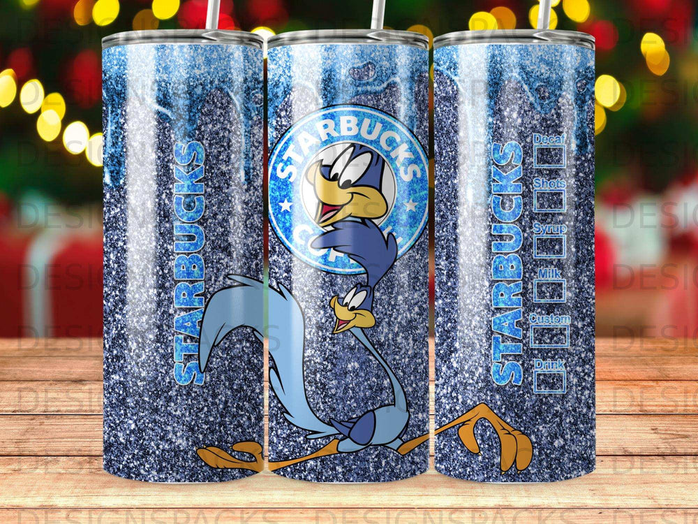 Starbucks tumbler with glitter, cartoon bird, and menu text.
