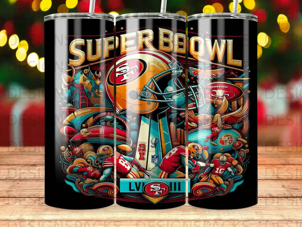San Francisco 49ers Super Bowl themed tumbler with helmet and football players.
