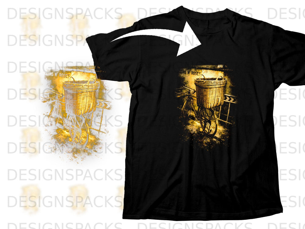 Black t-shirt with a vintage bicycle and basket graphic in gold.