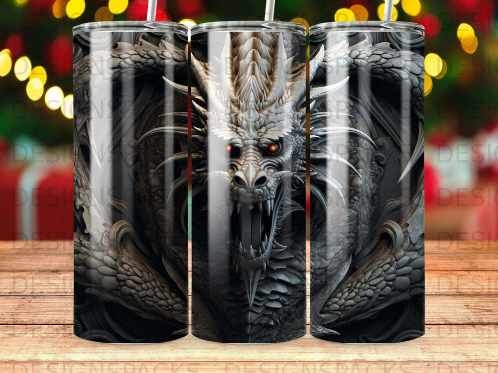 Detailed dragon head design with glowing red eyes on a patterned tumbler.