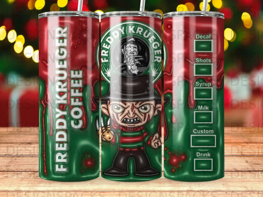 Freddy Krueger coffee tumbler with menu items: Decaf, Shots, Syrup, Milk, Custom, Drink.