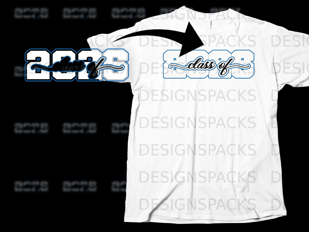 White t-shirt with blue and black "class of 2023" graphic.