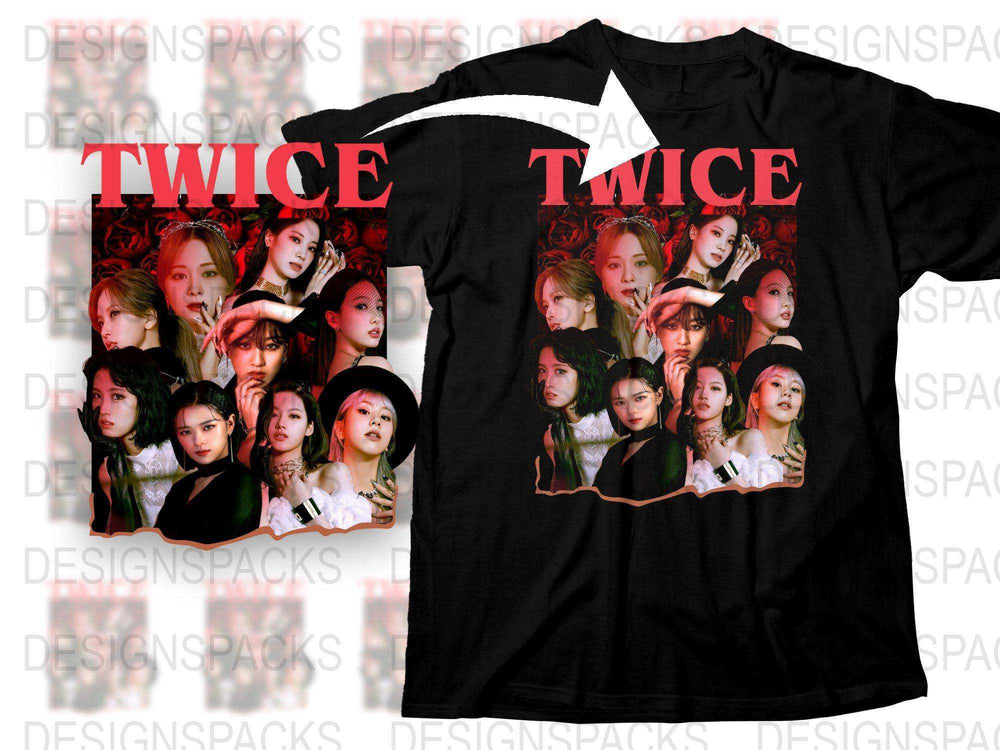 TWICE Band Graphic T-Shirt, K-Pop Music Fan Merch, Black Cotton Tee, Group Photo Print, Unisex Pop Culture Apparel, Collector's Item.