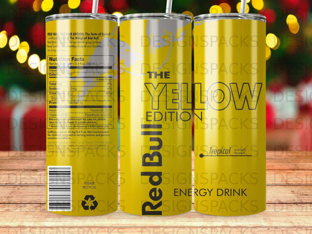 Red Bull Yellow Edition Tropical Flavor Energy Drink can with nutrition facts.