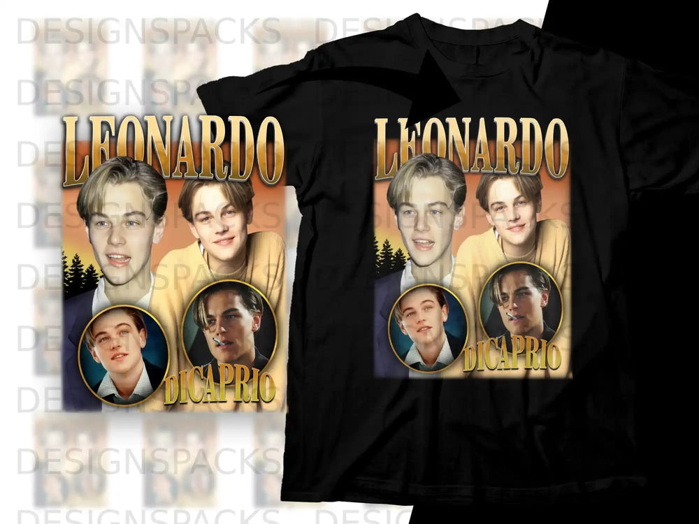 T-shirt with Leonardo DiCaprio in black and white portraits and "LEONARDO DICAPRIO" text.