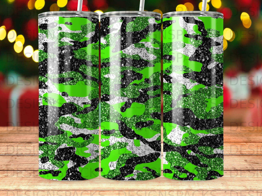 Green camouflage tumbler with black glitter accents.