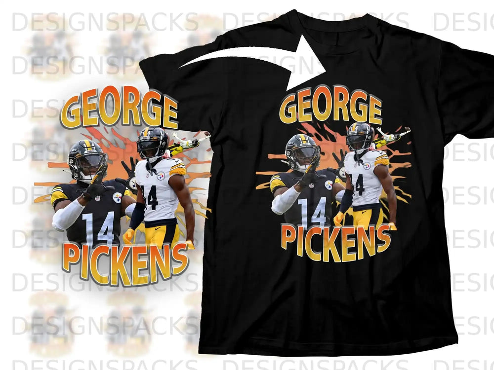 Black t-shirt with George Pickens #14 graphic and team logos.