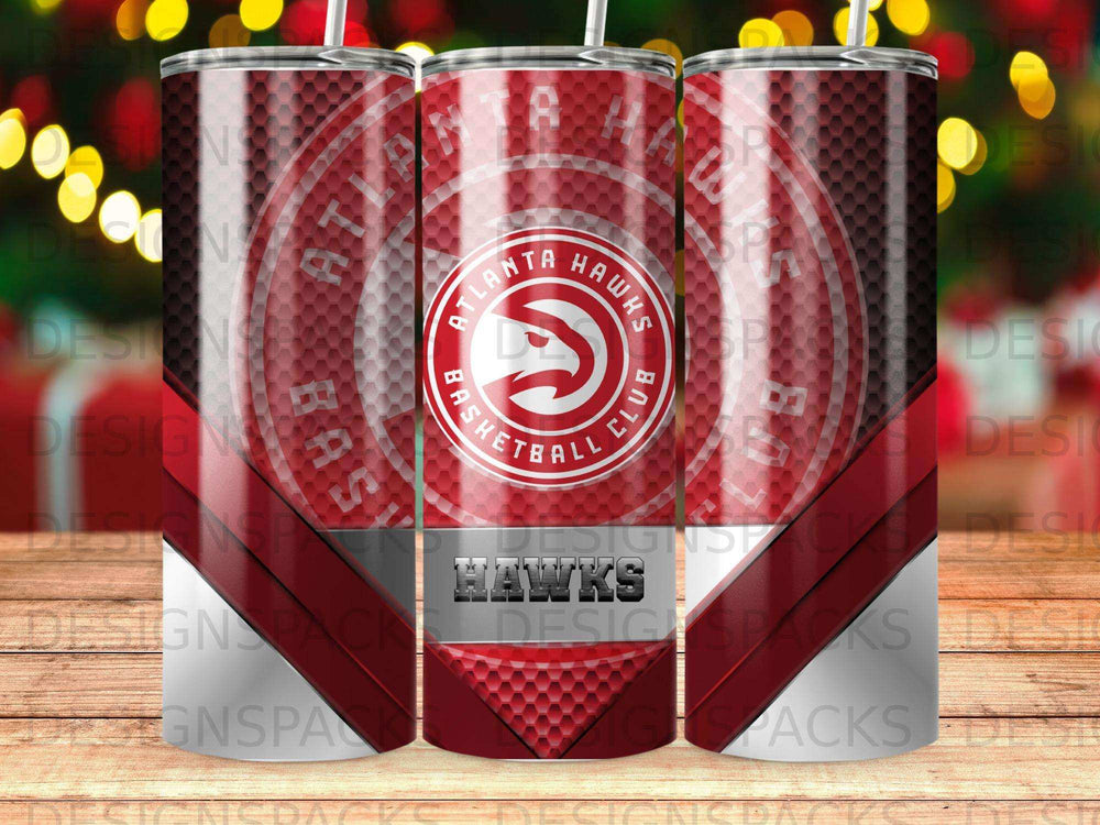 Atlanta Hawks basketball club logo on a tumbler with a red and black abstract design.