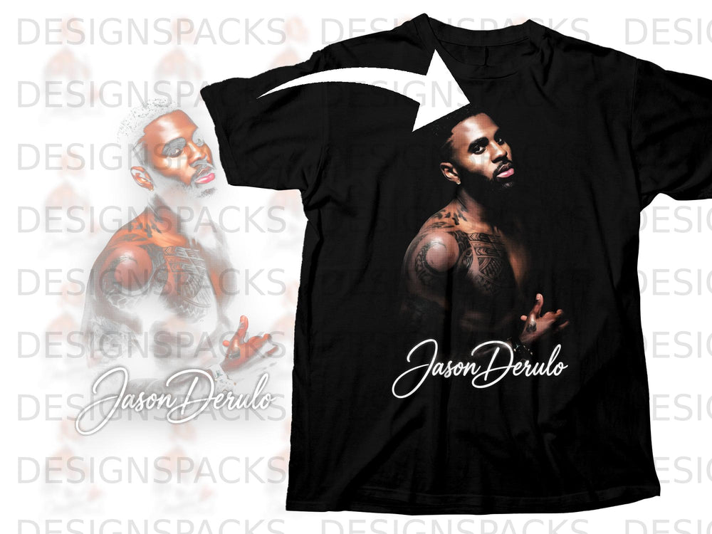 Black t-shirt featuring a chest print of Jason Derulo with his name below.