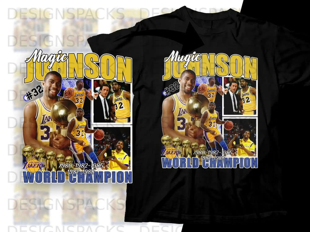 T-shirt graphic celebrating Magic Johnson's three championships with the Lakers.