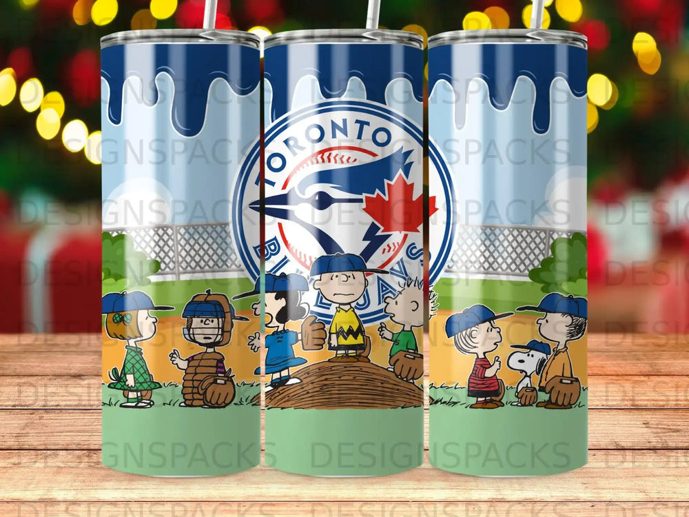 Toronto Blue Jays cartoon characters on a tumbler with baseball field background.
