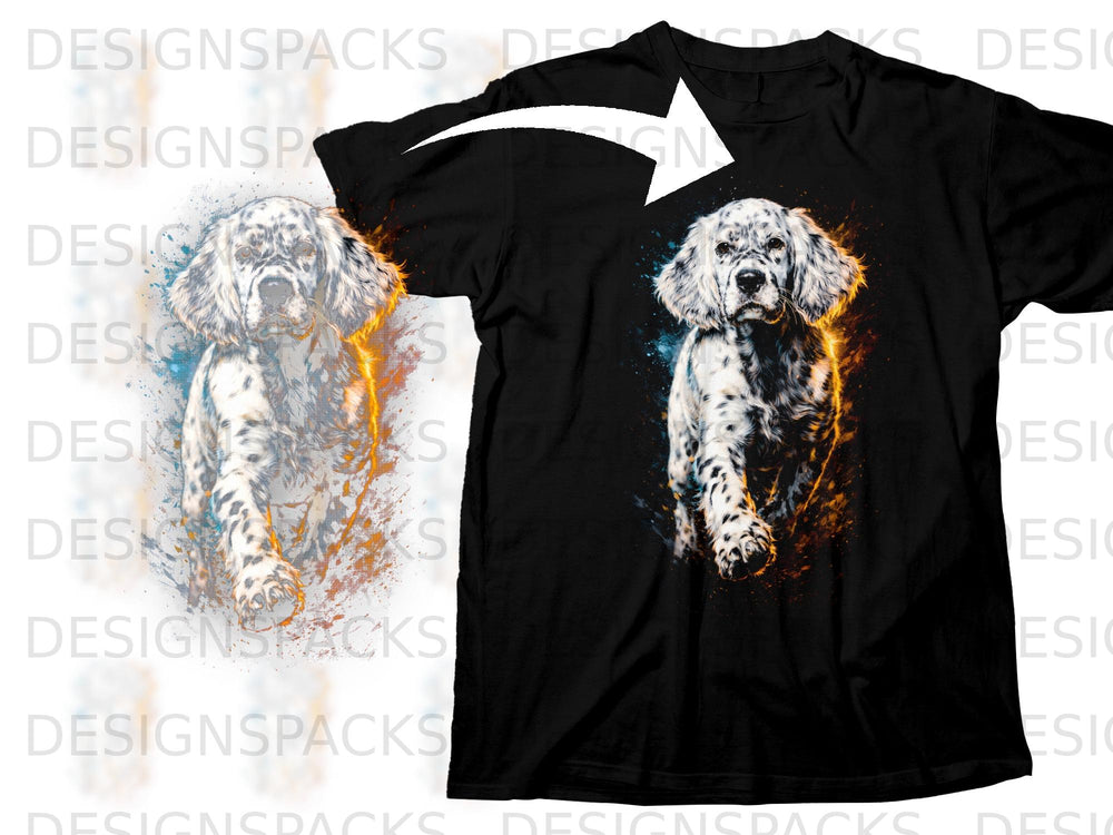 Black t-shirt with a graphic of a white and black spotted dog with abstract colorful splashes.