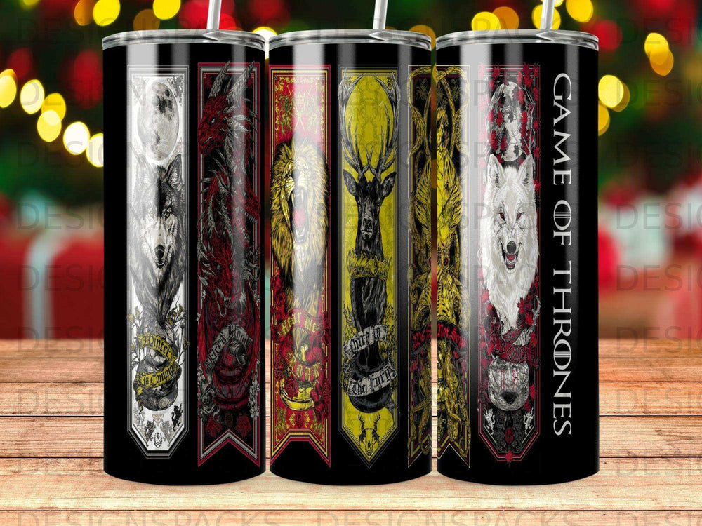 Game of Thrones tumblers featuring stark wolf, targaryen dragon, baratheon stag.