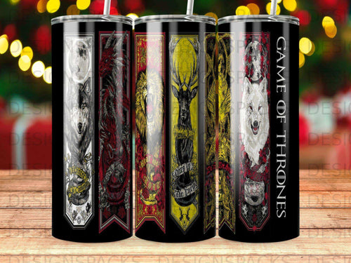 Game of Thrones tumblers featuring stark wolf, targaryen dragon, baratheon stag.