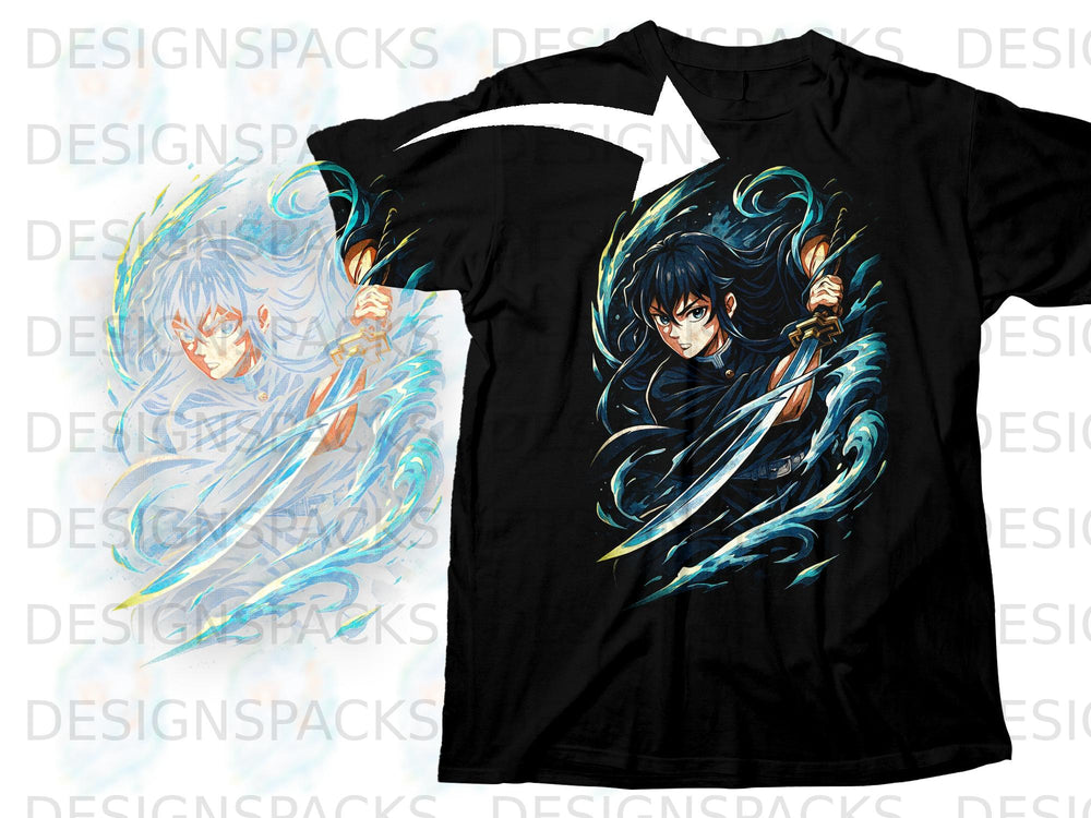 Black t-shirt featuring anime character with swords and water effects.