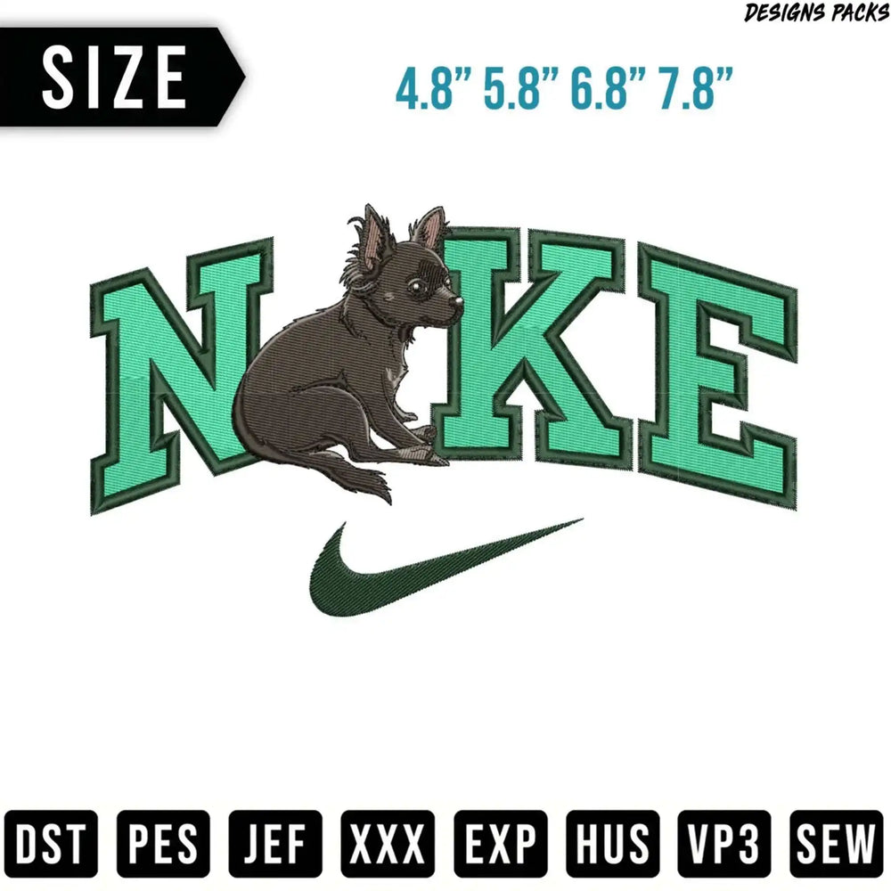 Chihuahua sits on Nike logo with size options and file formats below.