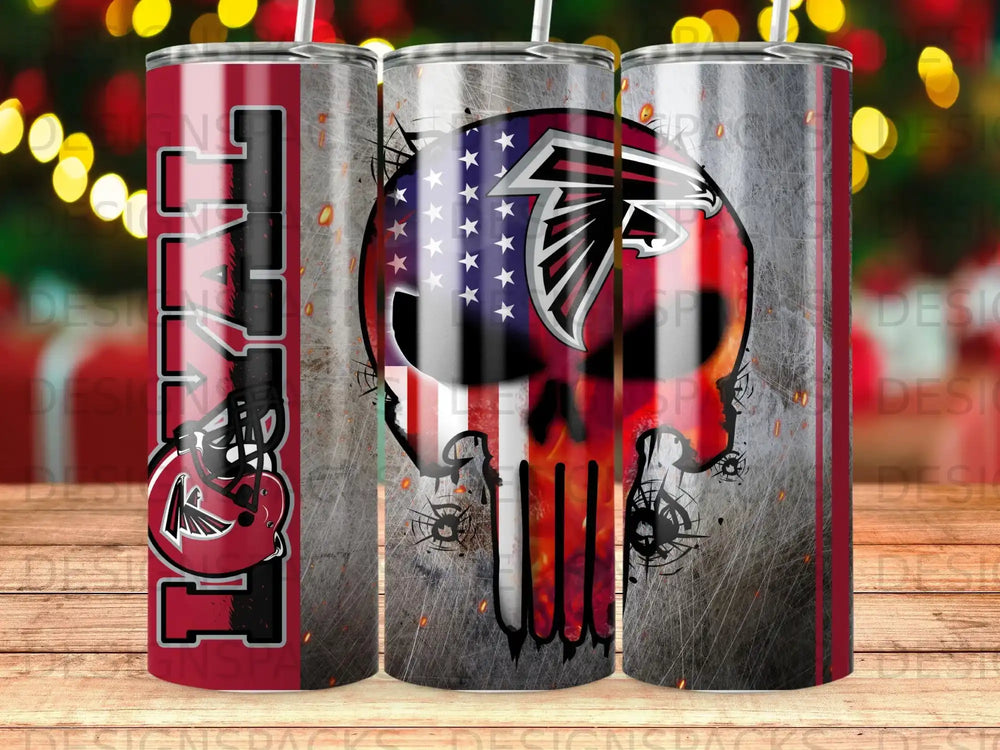 Atlanta Falcons skull logo on a metallic textured tumbler with American flag accents.