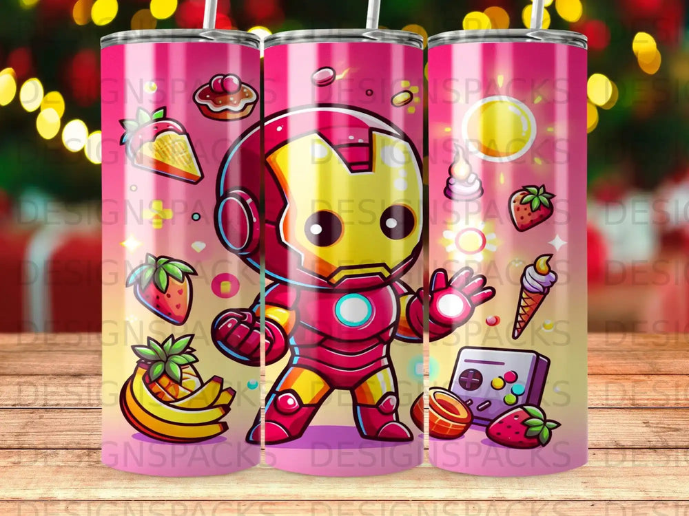 Chibi Iron Man character with fruits and snacks on a pink and yellow patterned tumbler.