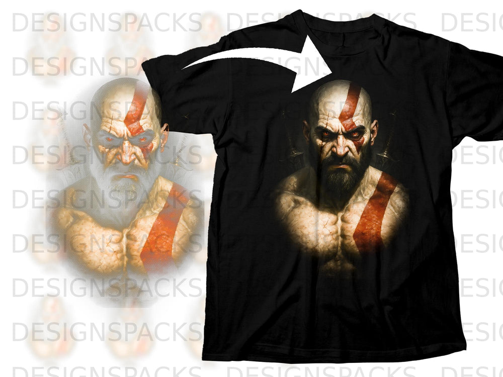 Black t-shirt featuring Kratos with red markings, facing forward.