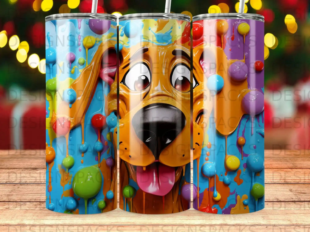 Scooby-Doo with colorful drips and splatters on a blue background.