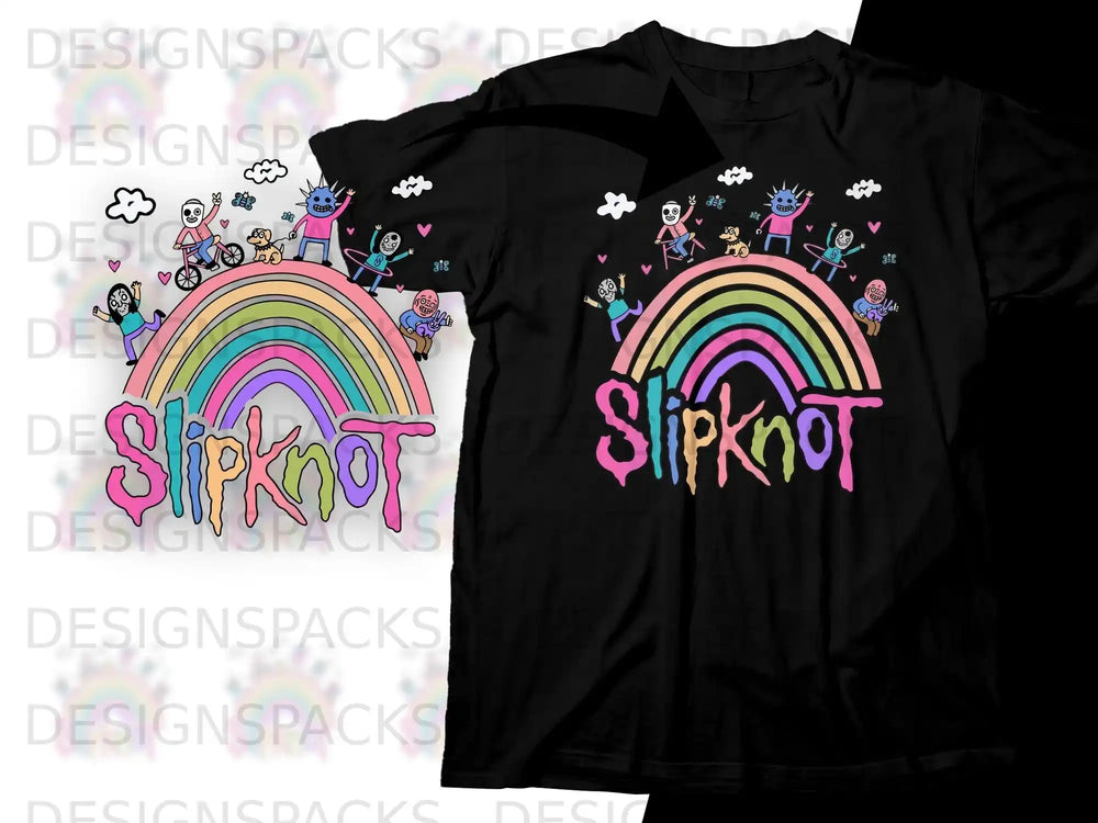 Slipknot logo with cartoon figures and rainbow on a black t-shirt.