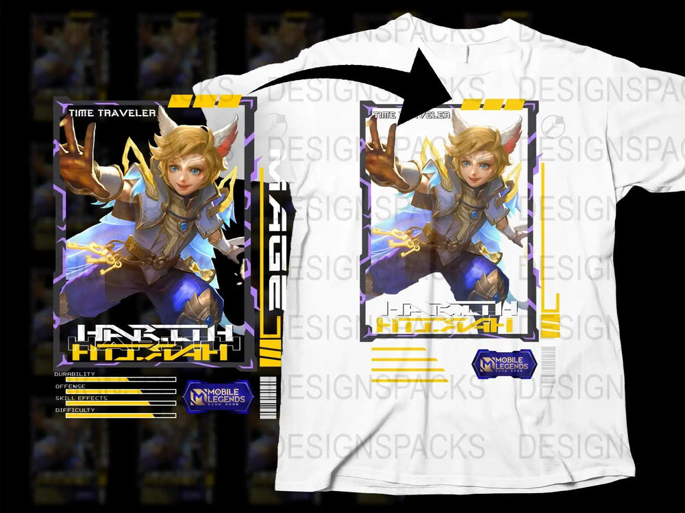 Mobile Legends Harith Time Traveler Graphic T-Shirt, Unisex Gamer Apparel, White Tee