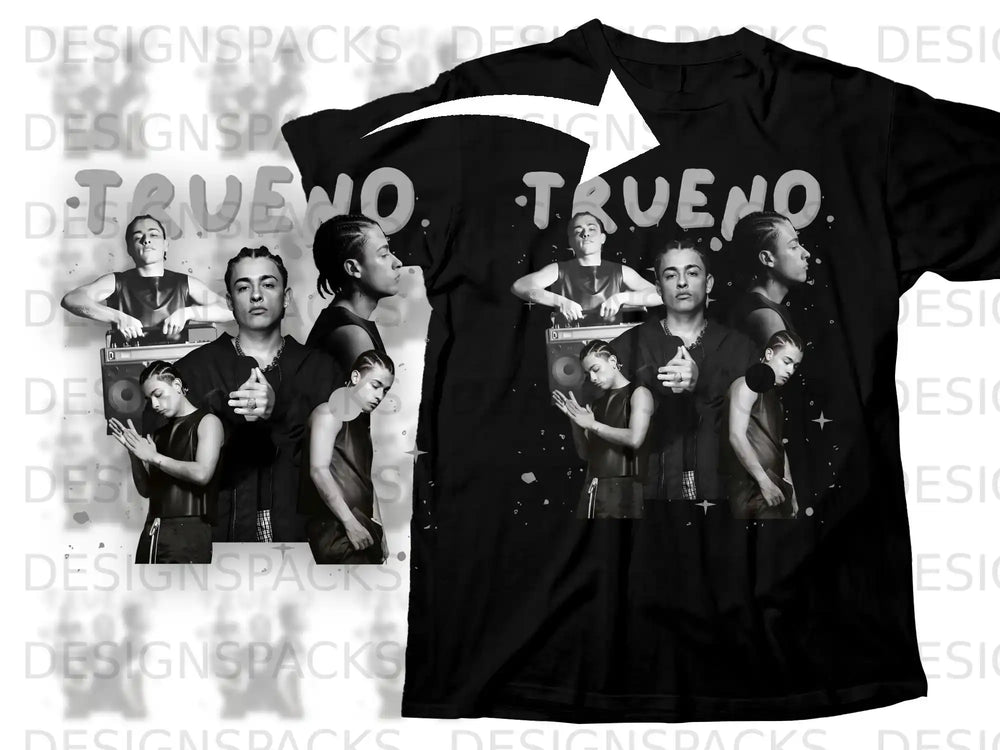 Black t-shirt with collage of artist Trueno in various poses and microphones.