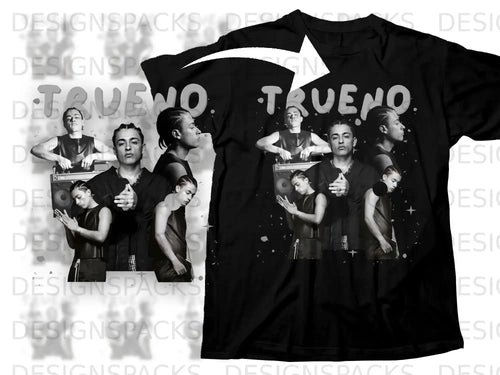 Black t-shirt with collage of artist Trueno in various poses and microphones.