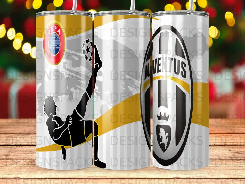 Soccer player kicking ball, Juventus logo, on a tumbler.