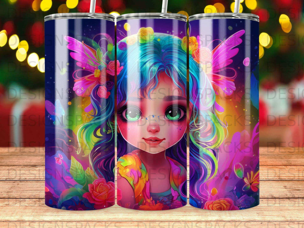 Fairy girl with colorful hair and wings on a tumbler.