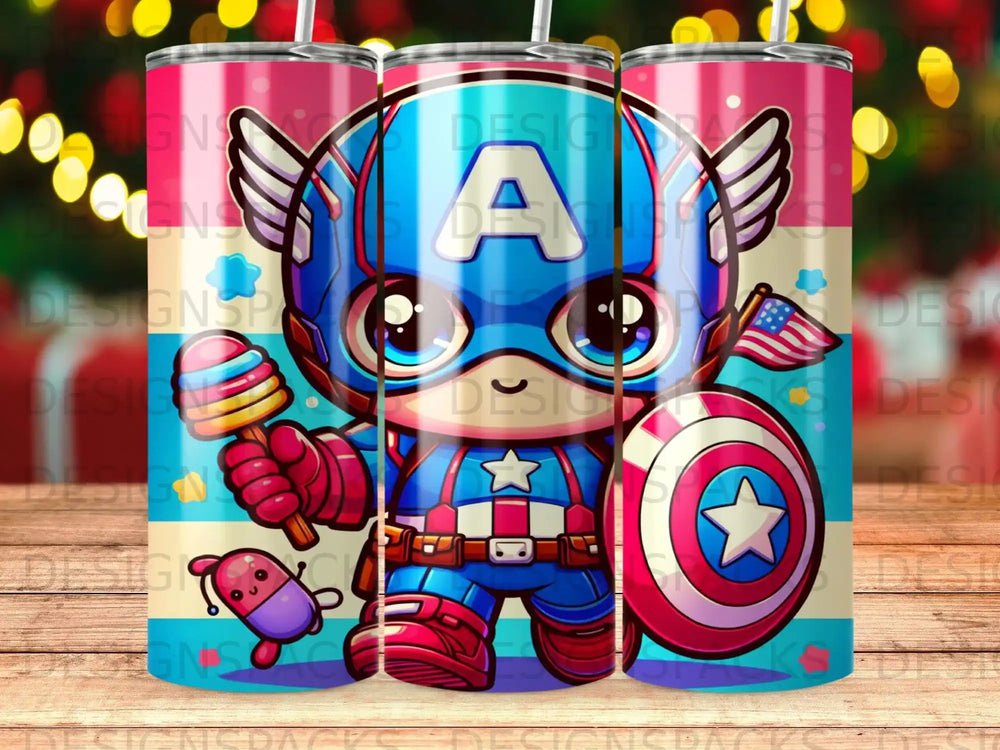 Chibi Captain America with shield and lollipop.