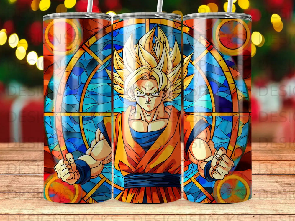 Goku in stained glass style, with dragon ball background.