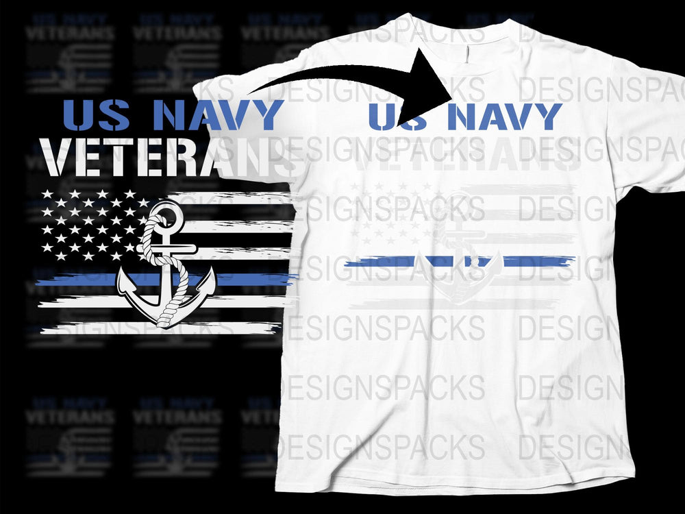 US Navy Veterans T-Shirt with Anchor and Flag Design, Patriotic Military Apparel, White Navy Tee