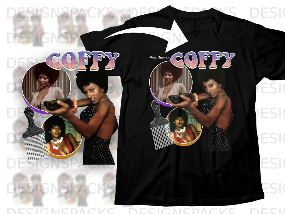 Black t-shirt with Pam Grier as Coffy graphic and text.