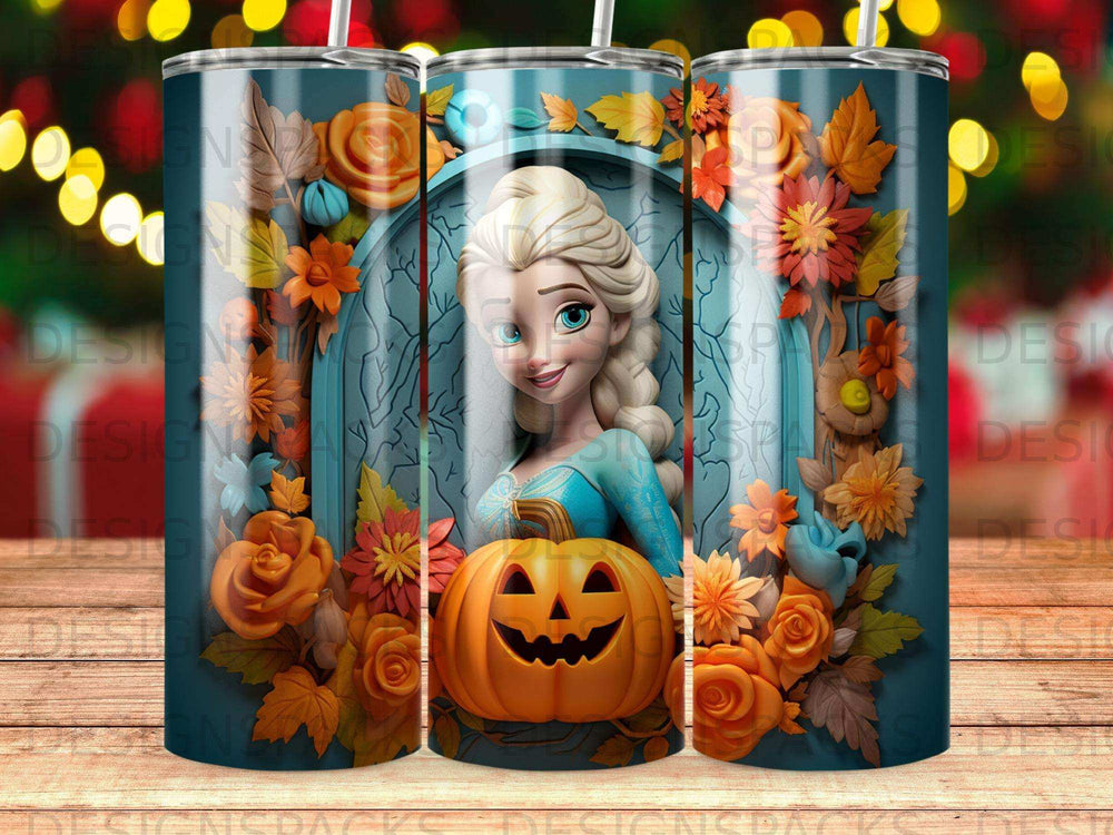 Elsa from Frozen with a Halloween pumpkin and floral accents on a teal tumbler.