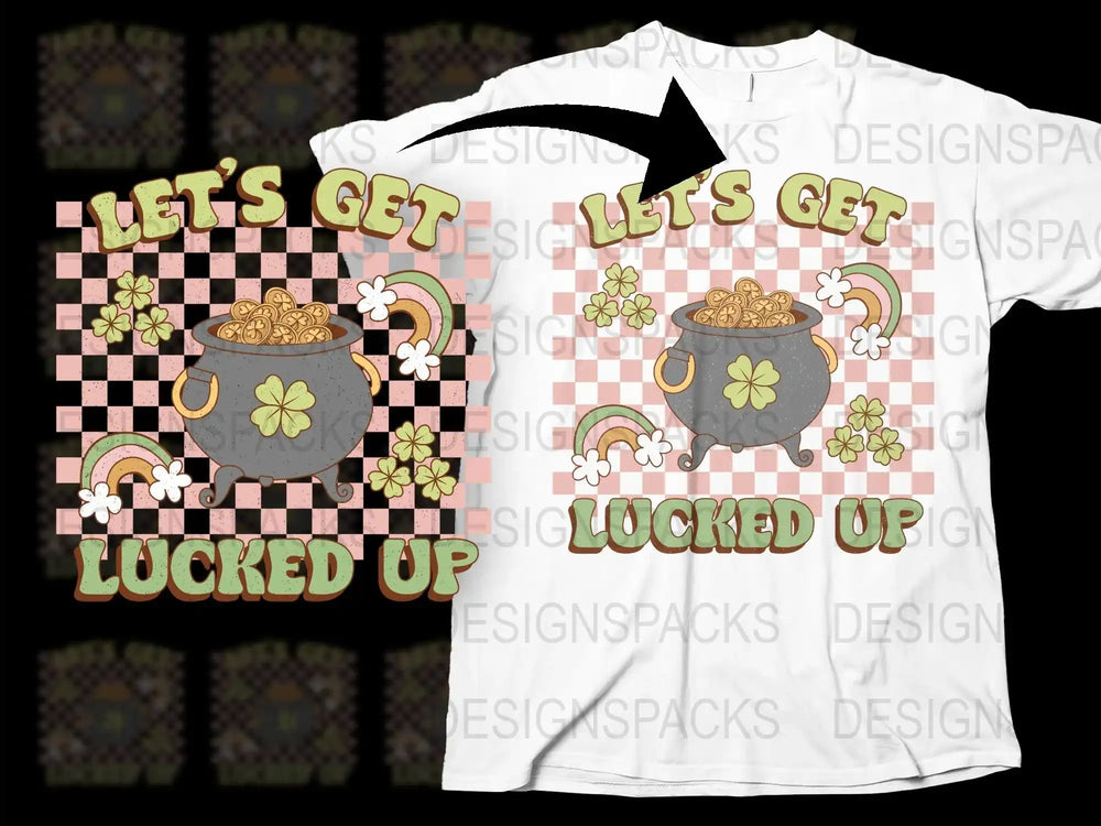 St. Patrick's Day T-Shirt Let's Get Lucked Up Graphic Tee Irish Celebration Party Shirt Rainbow Pot of Gold Design Unisex Fit