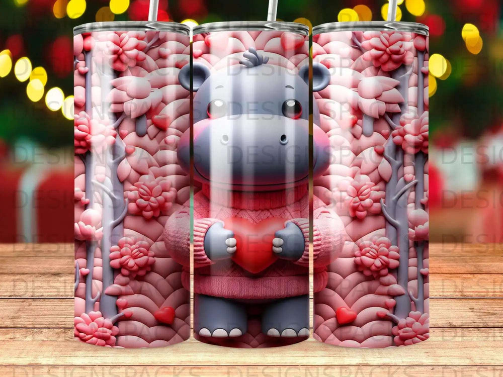3D illustration of a smiling hippo wearing a sweater, holding a heart.