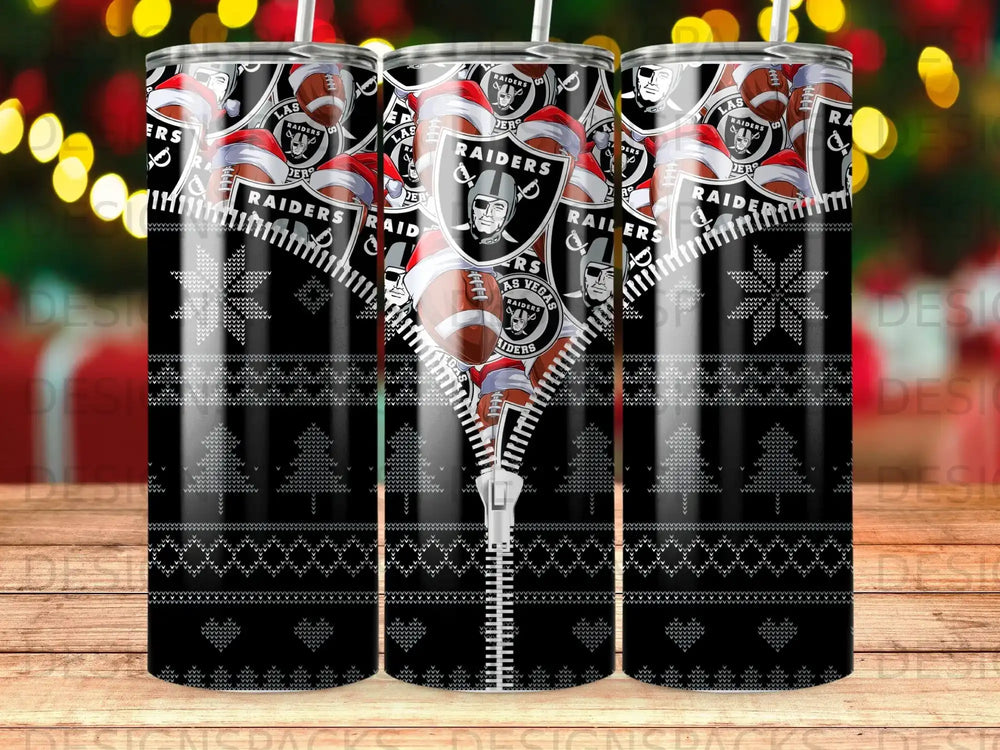 Las Vegas Raiders ugly Christmas sweater design on a tumbler.
