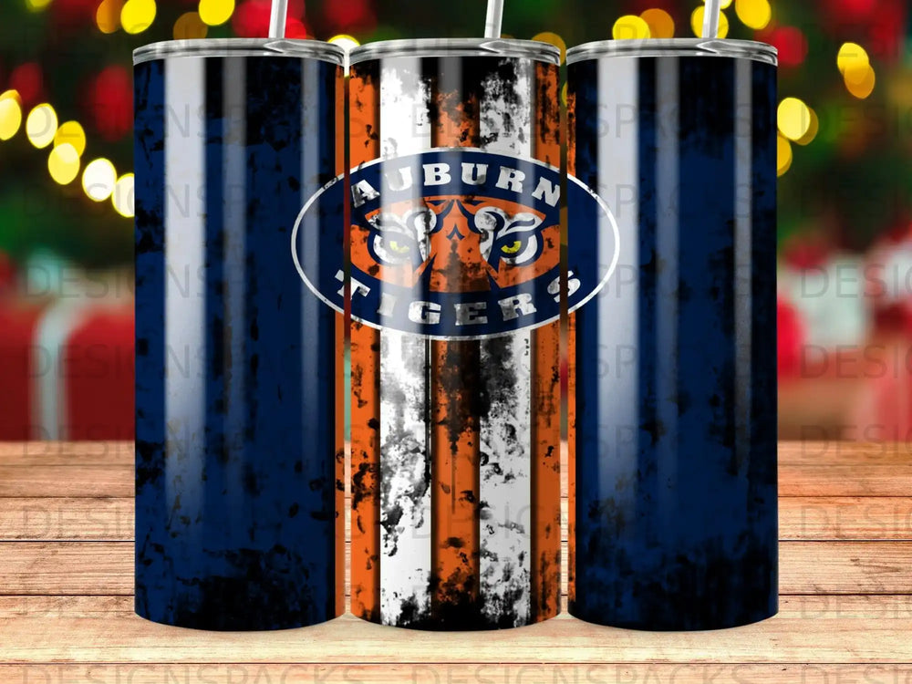 Auburn Tigers logo on a distressed navy and orange striped tumbler.