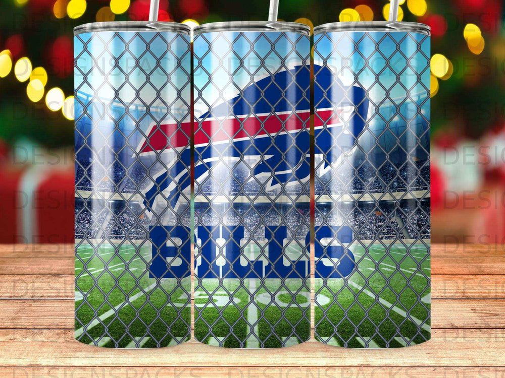Buffalo Bills logo on stadium background with chain link fence overlay.