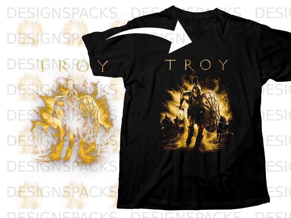 Black t-shirt with "TROY" text and a warrior figure in golden armor.