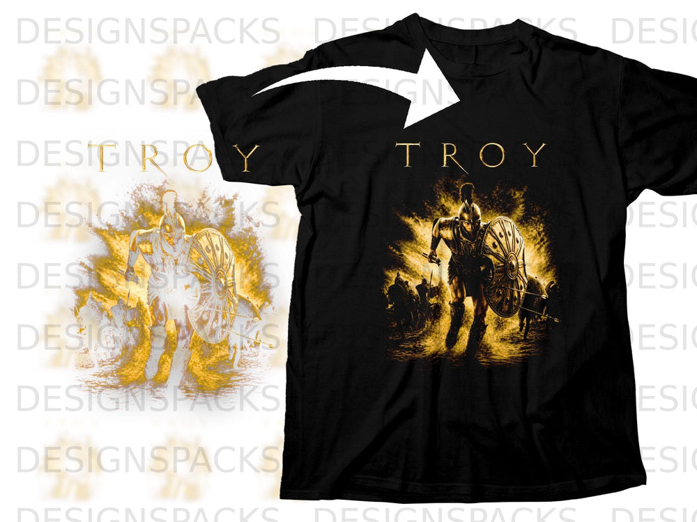 Black t-shirt with "TROY" text and a warrior figure in golden armor.